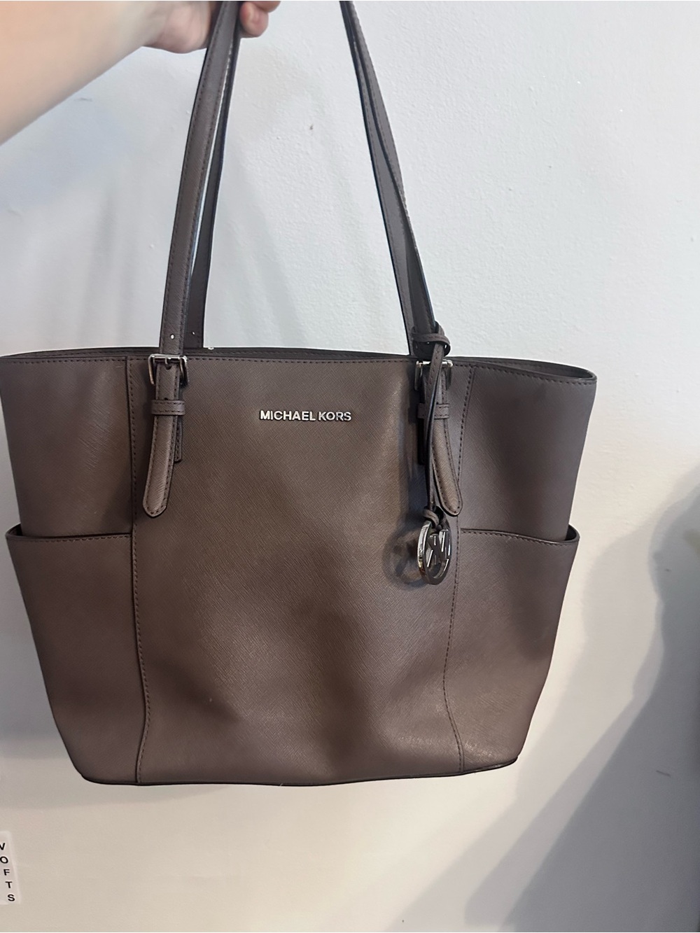 Michael Kors Jet Set Taupe Saffiano Leather Tote Bag with MK Charm